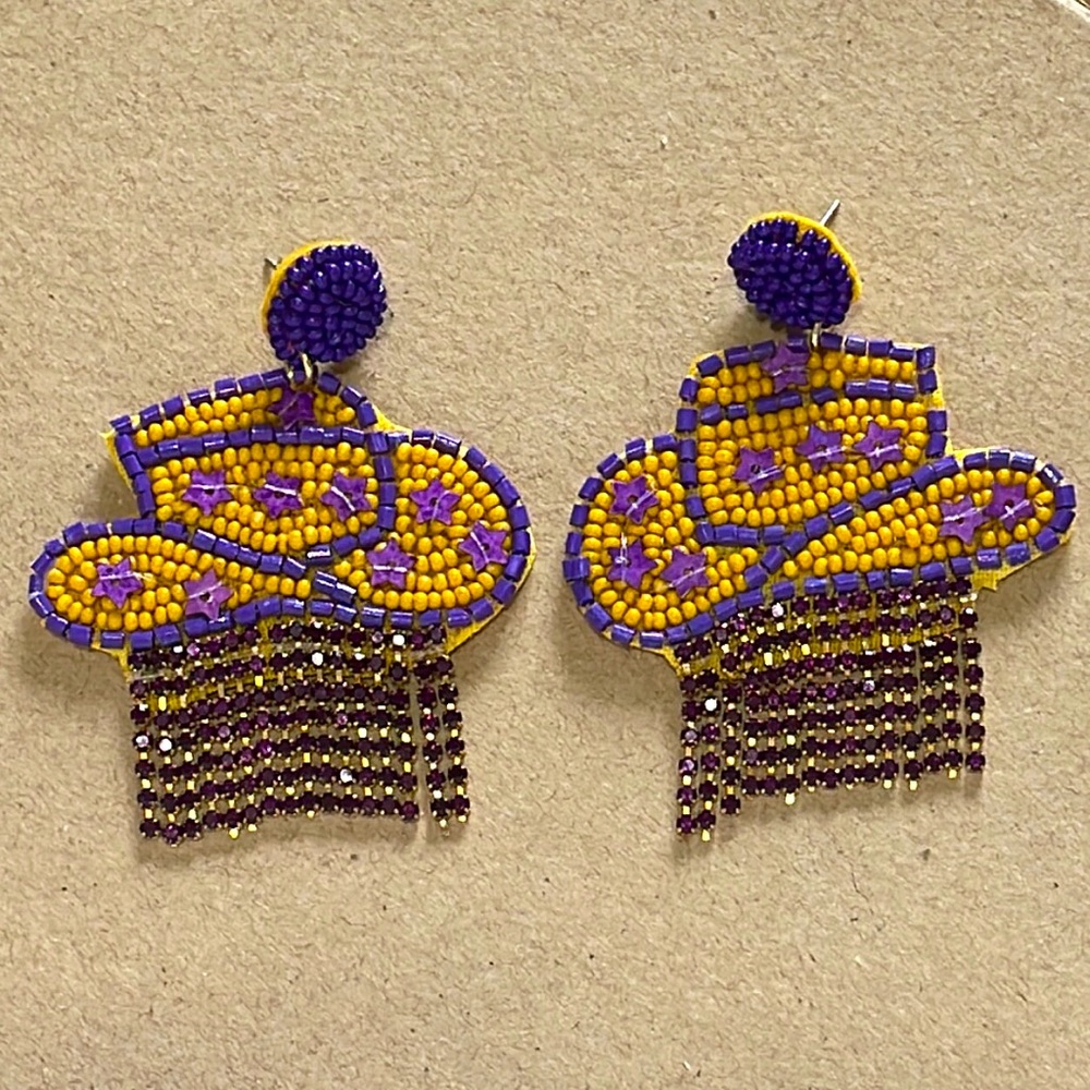 🎉💜McKenna Beaded Rhinestone Hat Earrings LSU